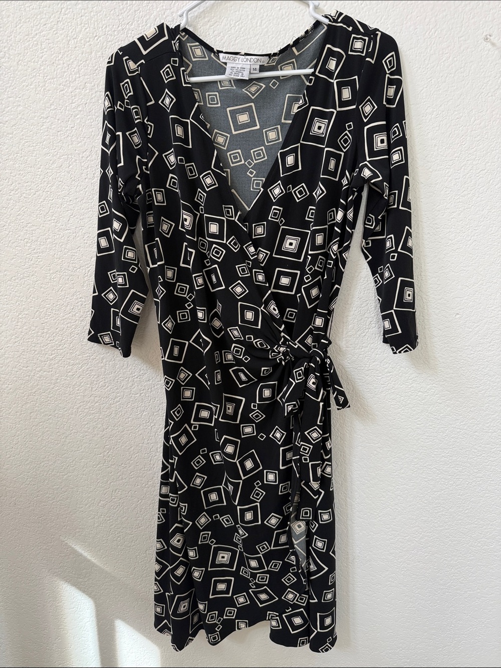 Maggy London Black and Cream Geometric Wrap Dress with Tie Waist